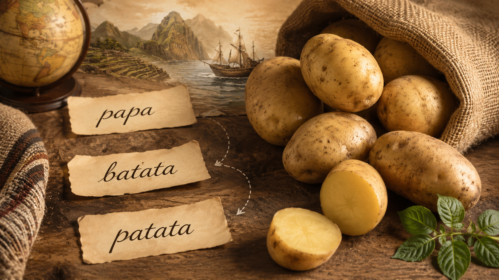 nome patata Patate su tavolo rustico con le parole papa, batata e patata che raccontano l’origine del nome patata
