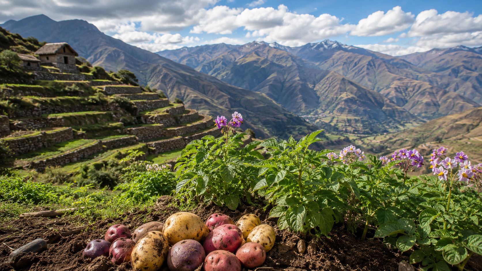 Origine andina della patata raccontata con patate in paesaggio di montagna